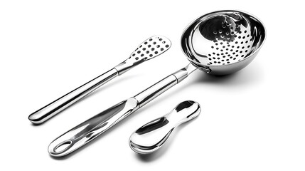 A silver spoon, spatula and strainer are shown on a white background