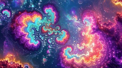 Luminous neon fractals blending into an abstract galaxy-inspired background