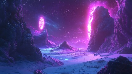 Radiant neon fractals forming endless loops under a cosmic backdrop