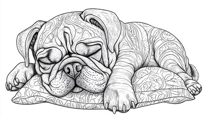 Intricate line art of a sleeping bulldog puppy on a pillow. Ideal for coloring books, tattoos, or textile prints.