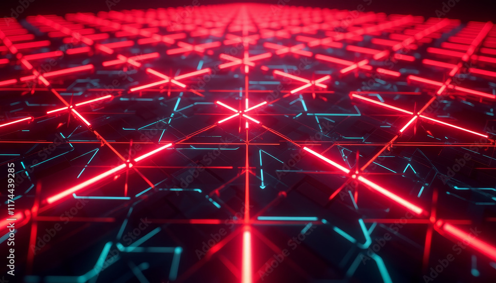 Poster red neon abstract grid with dynamic lines