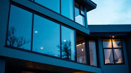 Modern Building Exterior with Large Windows at Dusk