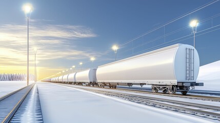 cargo management transportation coordination Snowy railway scene with cargo train and sunset lighting.