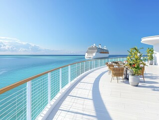 Fototapeta premium cargo management transportation coordination Scenic cruise ship view from a sunlit terrace.