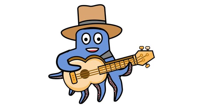 A whimsical illustration of an octopus wearing a hat and playing the ukulele in a cartoon animation. Alpha channel. Seamless looping. Suitable for adorable stickers and entertainment video element 