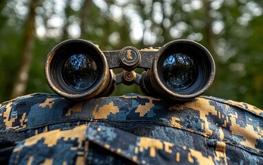 Binoculars on camouflage fabric, outdoors.