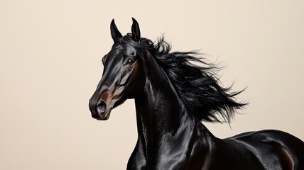 A sleek black horse with flowing mane, captured against a soft, neutral background, exuding grace and power.