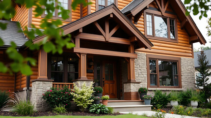 Fototapeta premium Craftsman-Style Log Home with Stone Accents and Landscaping