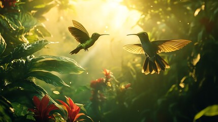 Enchanted Hummingbirds in Tropical Paradise: A Serene Dawn