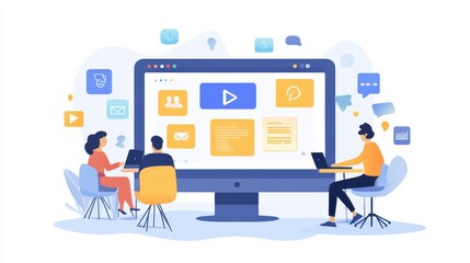 Team collaborating online to manage social media accounts, brainstorming ideas, designing content, and planning campaigns to enhance brand presence.