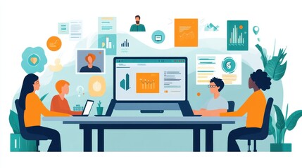 Team collaboration happening online during a hybrid meeting, where ideas flow between remote and in-person participants, united by shared goals and technology.