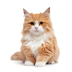 Adorable Ginger and White Cat Sitting Against White Background .