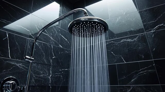 Modern shower head dispensing water in a sleek tiled bathroom during morning routine