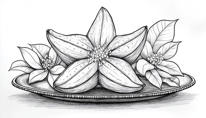 Intricate ink drawing of starfruit and flowers on a plate. Ideal for botanical illustrations, recipe books, or decorative prints.