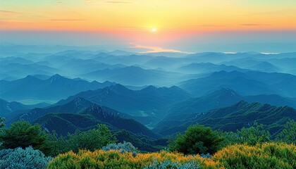 Fototapeta premium Atop the mountain at sunrise, the air is crisp and pure. 