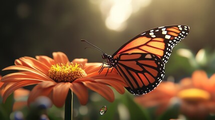 Fototapeta premium Butterfly Resting on a Vibrant Flower in Soft Light