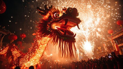 Vibrant street celebrations in China burst with life, featuring dragon dances and fireworks, as the sound of drums and the crackle of fireworks fill the air.