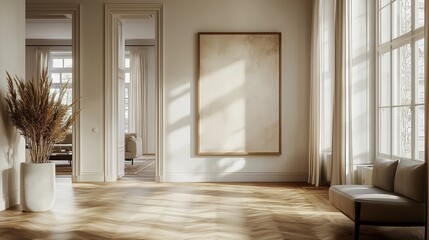 Obraz premium Poster mockup with wooden frame leaning against the wall in an elegant modern apartment interior, featuring parquet floor, window with sunlight, beige sofa, armchair, and soft shadows. 