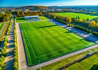 Aerial View Lush Green Artificial Turf Field Drone Photography