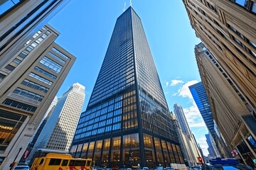 A tall modern skyscraper with a glass facade against a blue sky.