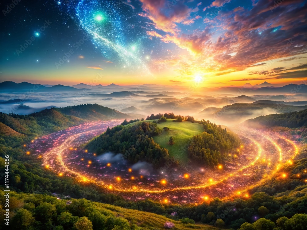 Poster aerial view magic particle effect background motion graphic
