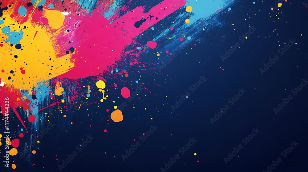Poster abstract colorful paint splashes and drips on dark background