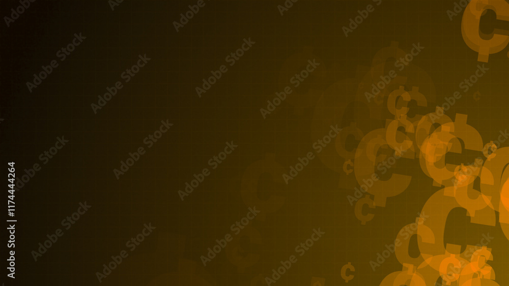 Poster yellow cent symbol shapes are moving from the bottom right of a gradient grid abstract background, h