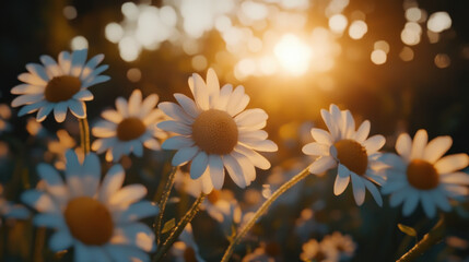 Sunlit daisies in a field at sunset.
