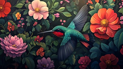 Hummingbird in a Vibrant Floral Paradise: A Masterpiece of Digital Art