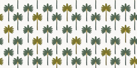 A seamless pattern of stylized palm trees in green and yellow tones on a textured white background.