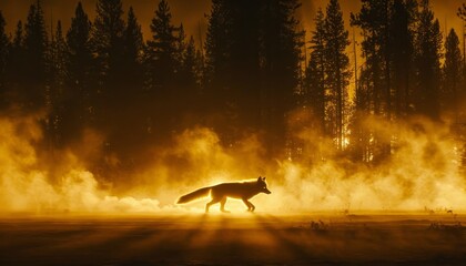 A radiant fox dashing through a misty forest, leaving trails of light in its wake