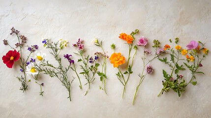 A playful mix of wildflowers placed at random on a creamy textured surface