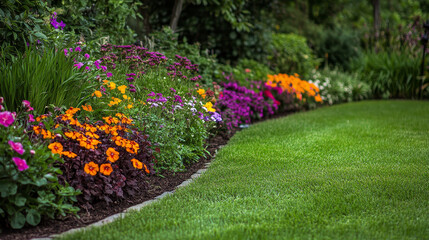 Realistic green grass border with flowers isolated on transparent background. Vector illustration of beautiful spring garden with lush lawn, colorful blossom. Organic herbs. Landscape design element