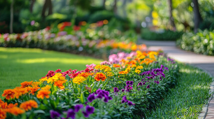Realistic green grass border with flowers isolated on transparent background. Vector illustration of beautiful spring garden with lush lawn, colorful blossom. Organic herbs. Landscape design element