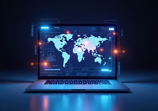 Digital world map displayed on laptop screen with glowing effects and data visuals