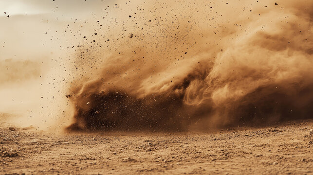 Desert sandstorm, brown dusty cloud or dry sand flying with gust of wind, big explosion realistic texture with small particles or grains vector illustration isolated on transparent background