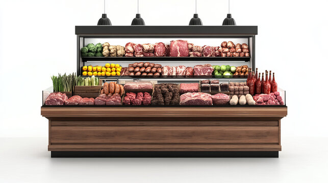 Meat market stall, beef, pork on scales, sausages and paper pack. Vector cartoon set of butcher shop or butchery department in store with counter with fridge and food isolated on white background