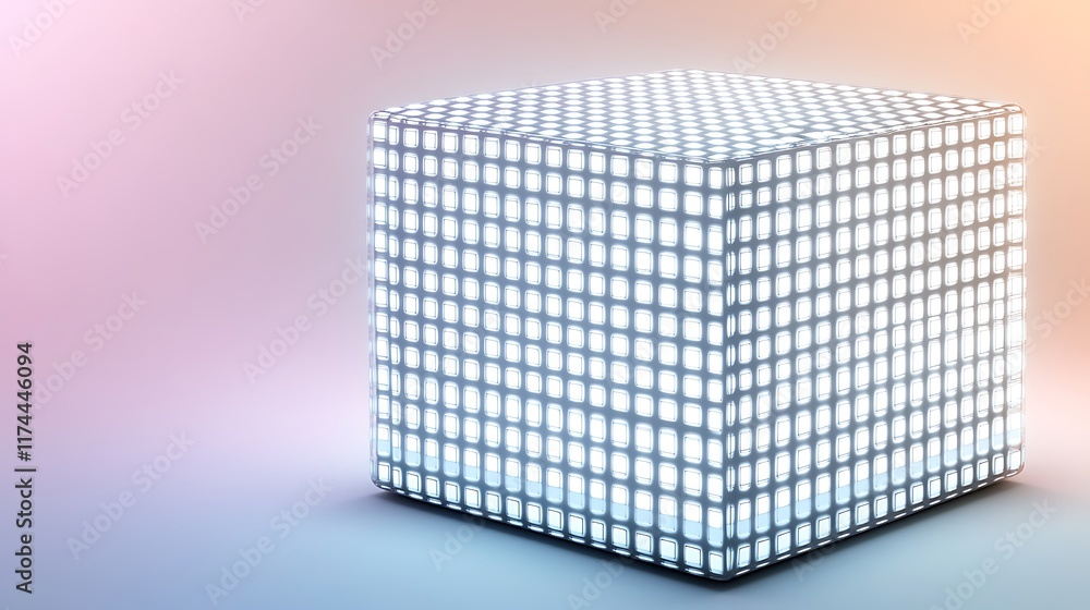 Poster glowing cube with grid pattern on pastel background.