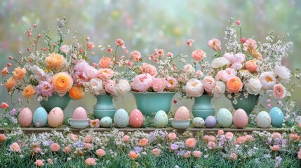Obraz premium A picturesque spring holiday table set for Easter, adorned with floral arrangements, colorful eggs, and festive decorations in a garden setting