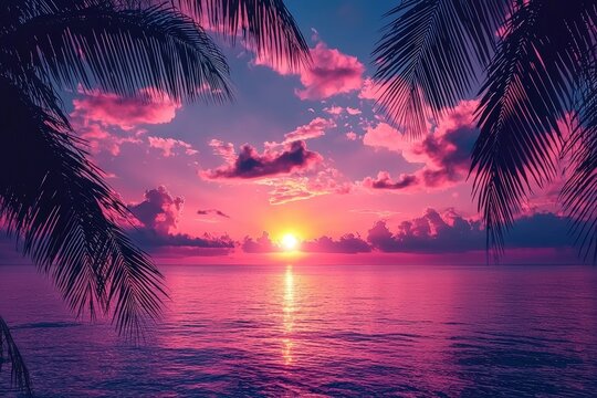Dark palm trees silhouettes on colorful tropical ocean sunset landscape - Powered by Adobe