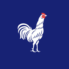 A vector illustration of a white rooster in engraved and silhouette style. The rooster or chicken illustration can be used as a symbol, icon, badge, patch, or logo.