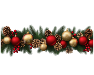  Christmas garland with red and gold ornaments, pine cones isolated on a transparent background