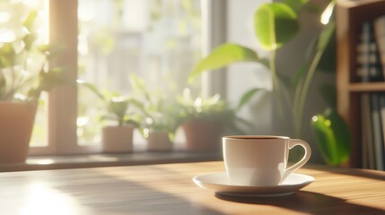 A serene morning scene featuring a white coffee cup on a wooden table, surrounded by lush green plants and soft sunlight filtering through a window.
