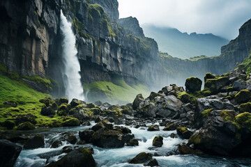 Norwegian waterfalls exhibit untamed and unspoiled magnificence of their powerful cascades, steep...