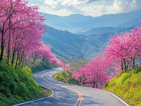 Spring road landscape in beautiful nature travel, spring colors in mountain road scenery