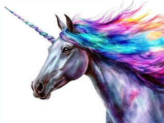 A vibrant unicorn with a colorful mane, showcasing a blend of hues against a white background, symbolizes magic and fantasy.