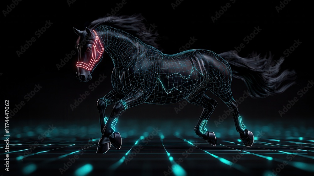 Poster a futuristic horse with neon outlines trots across a digital grid, blending elements of nature and t