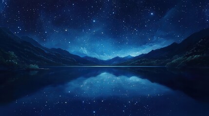 Obraz premium night sky above a quiet lake, where the reflection of the stars on the water's surface creates a mesmerizing, mirrored effect, adding to the tranquility of the scene