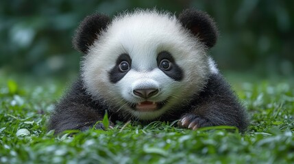 Obraz premium A cute panda cub lying on green grass, showcasing its playful and innocent demeanor.