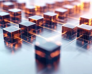 Abstract representation of interconnected technology blocks with glowing edges.